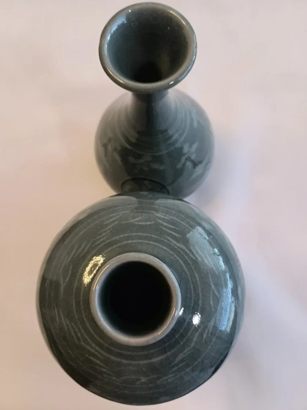 Vintage Korean Celadon Vase Set with Cranes and Clouds